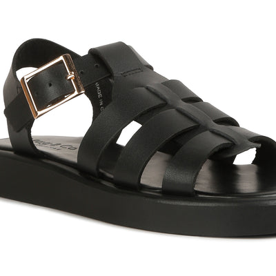Black Genuine Leather Gladiator Flatform Sandals