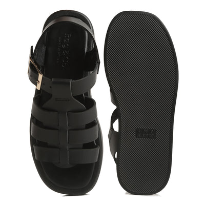 Black Genuine Leather Gladiator Flatform Sandals
