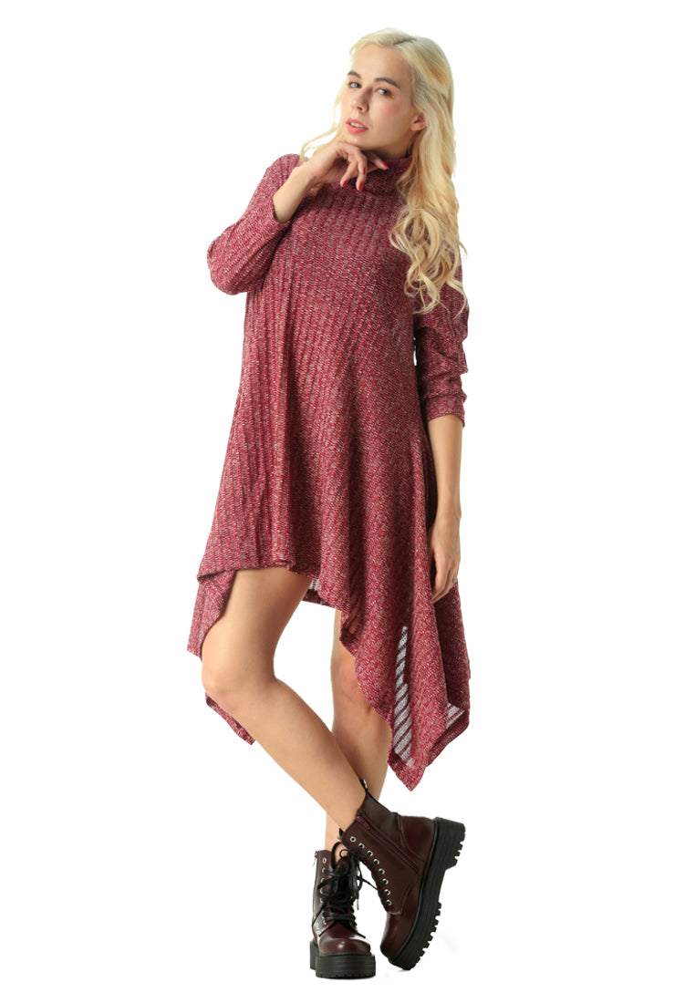 Long Sleeve Irregular Hem Sweater Dress - Burgundy