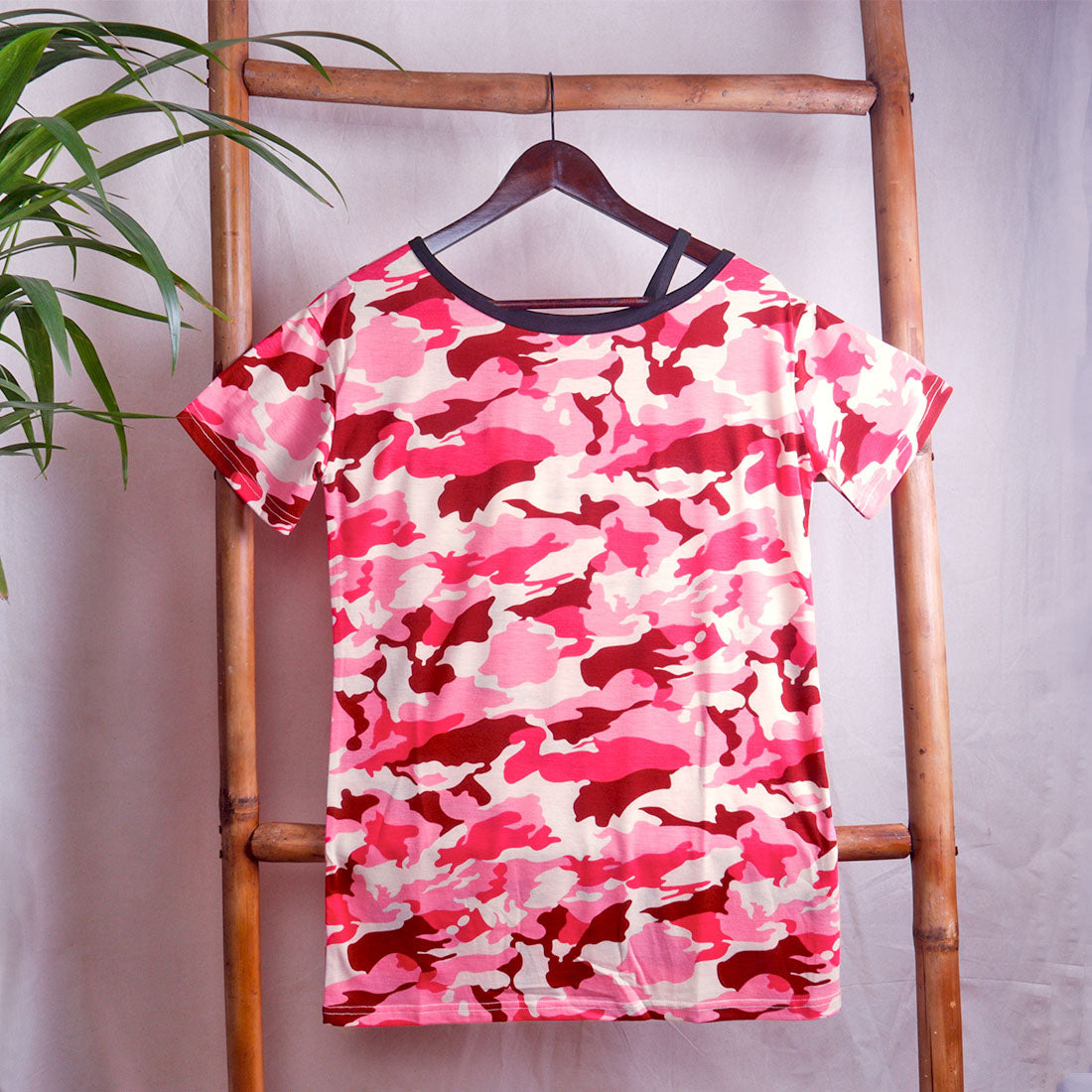 Red and Pink Camouflage One Strap Off-shoulder Top - Pink