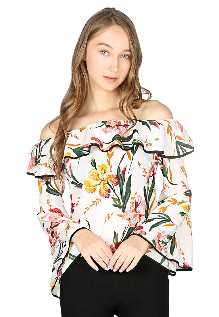 White Floral Print Off Shoulder Flared Sleeve Top - White