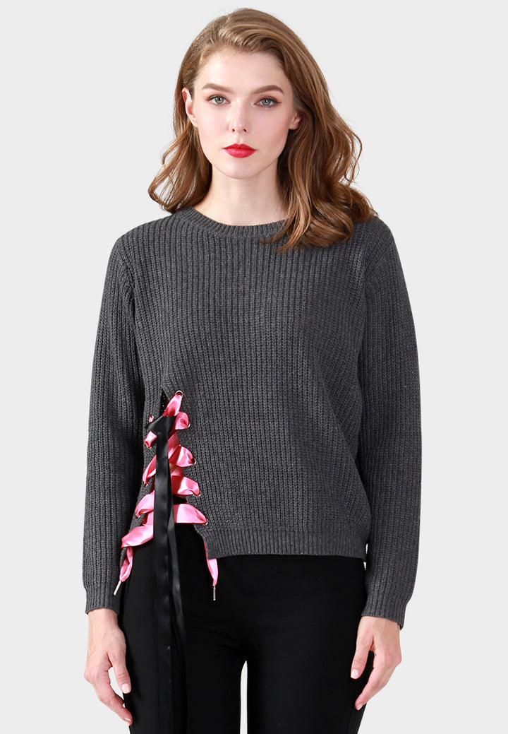 Women Long Sleeve Sweater Draw String Detail