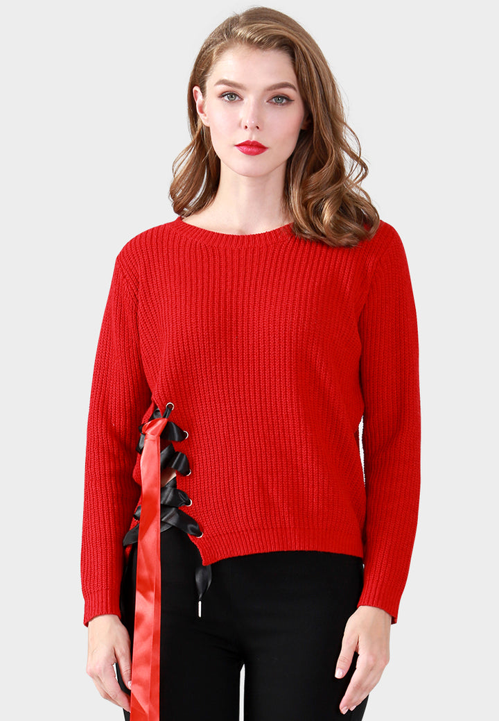 Women Long Sleeve Sweater Draw String Detail