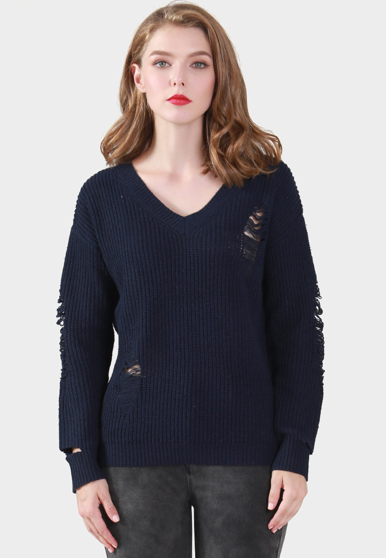 women full sleeve ribbed knit sweater#_color_navy