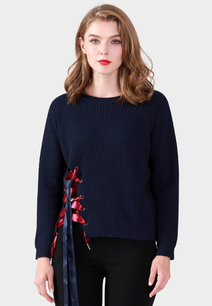 women long sleeve sweater draw string detail#color_navy
