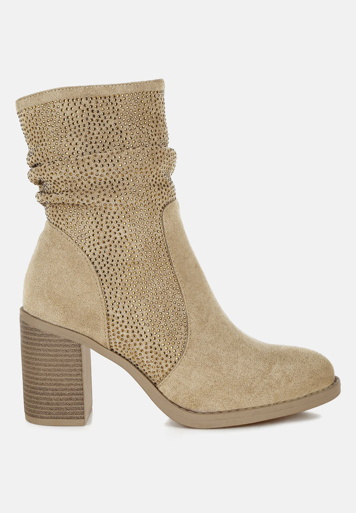 women rhinestone studded slouchy ankle boots#color_beige
