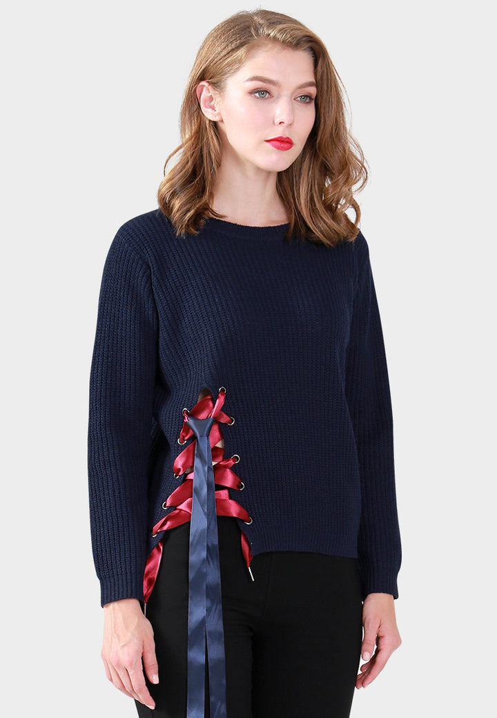 Women Long Sleeve Sweater Draw String Detail