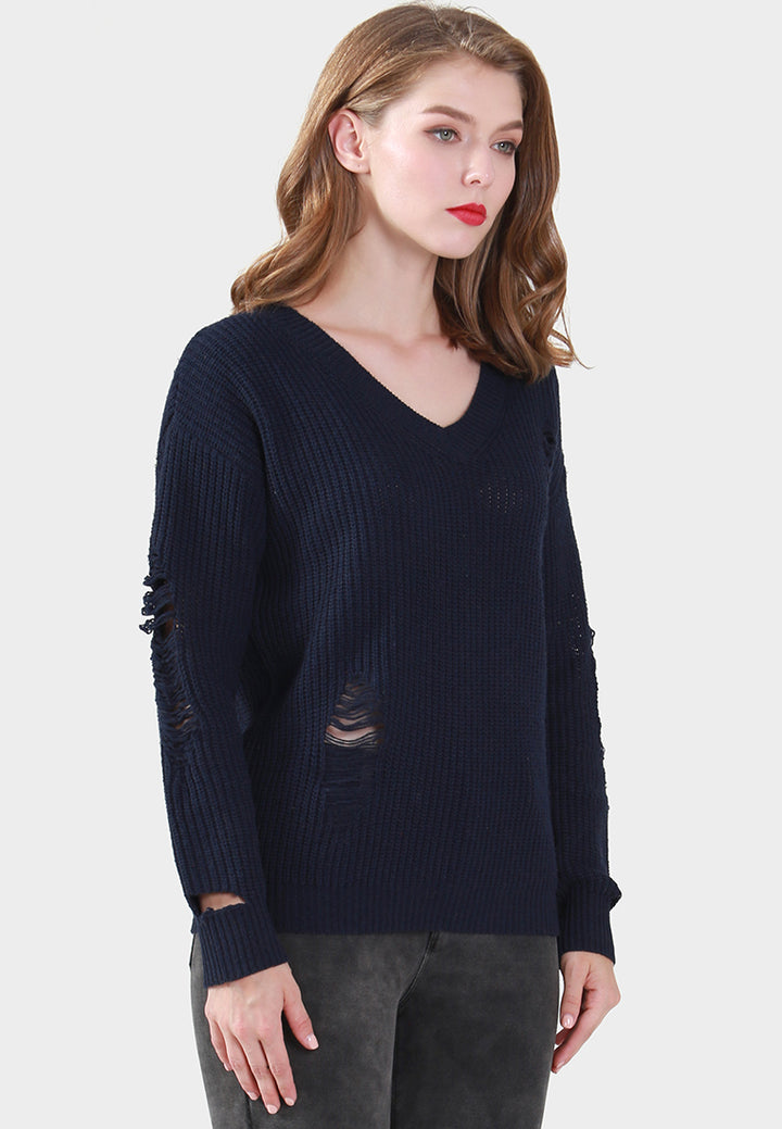 women full sleeve ribbed knit sweater#_color_navy