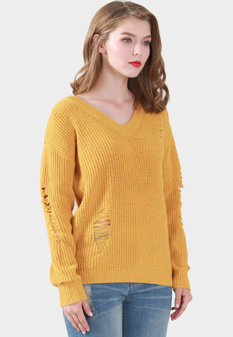 women full sleeve ribbed knit sweater#_color_mustard