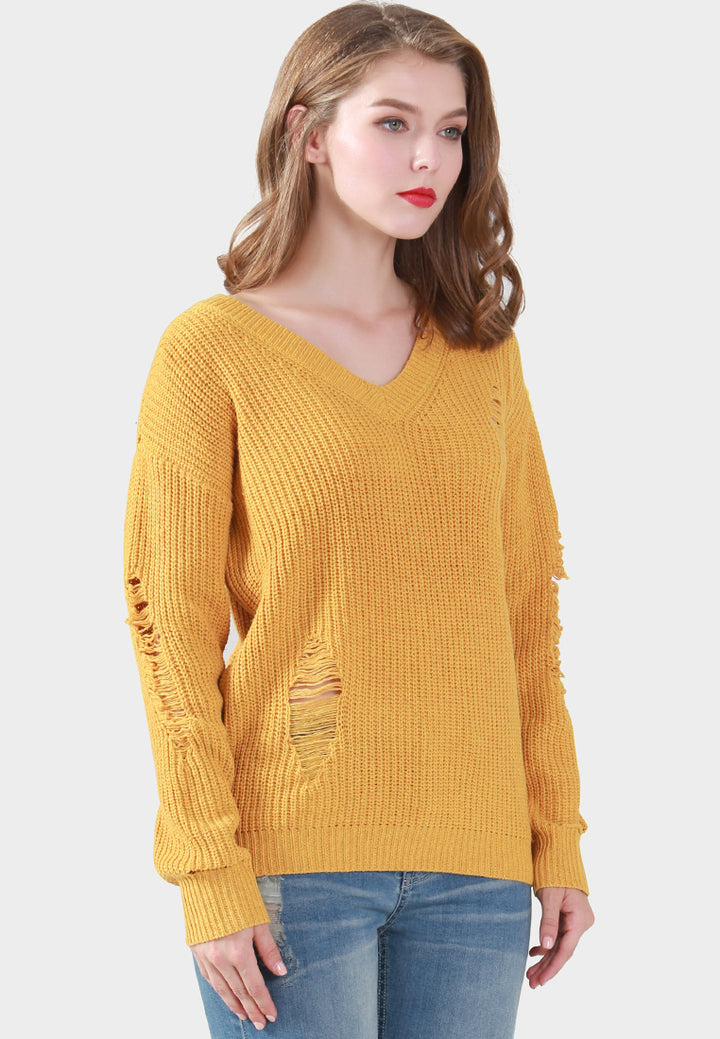 women full sleeve ribbed knit sweater#_color_mustard
