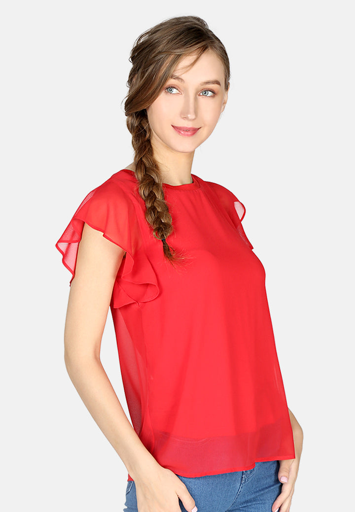 women short flutter sleeve casual top#color_red