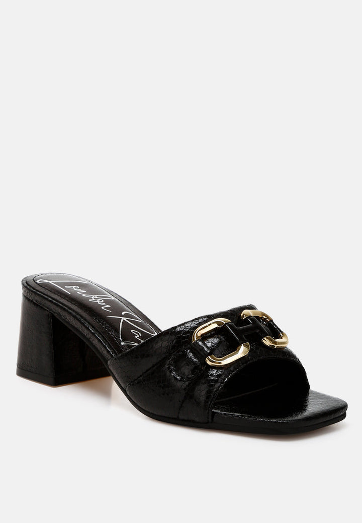 women horsebit detail snake print sandals#color_black