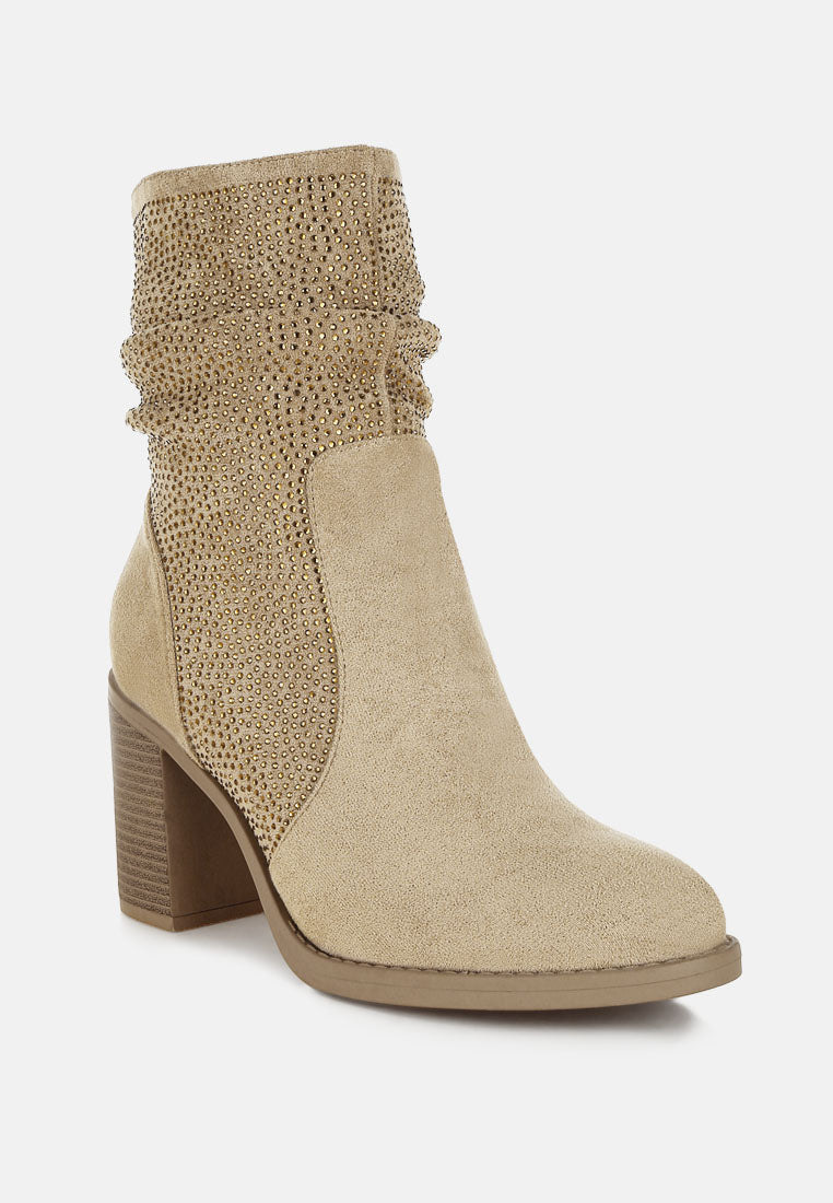 women rhinestone studded slouchy ankle boots#color_beige