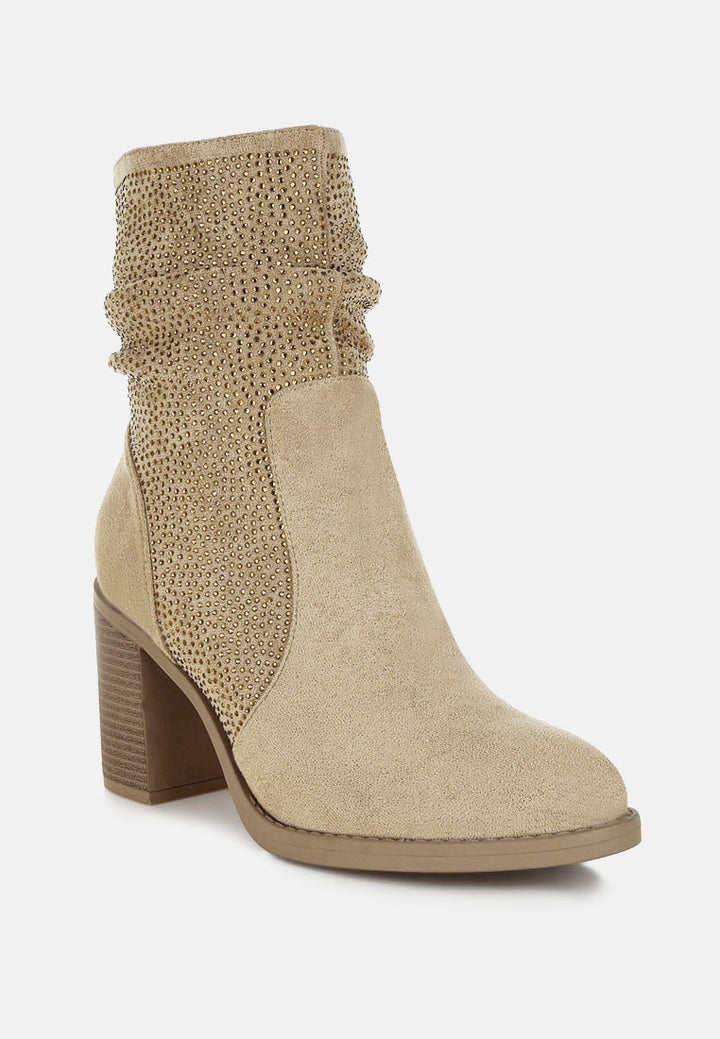 women rhinestone studded slouchy ankle boots#color_beige
