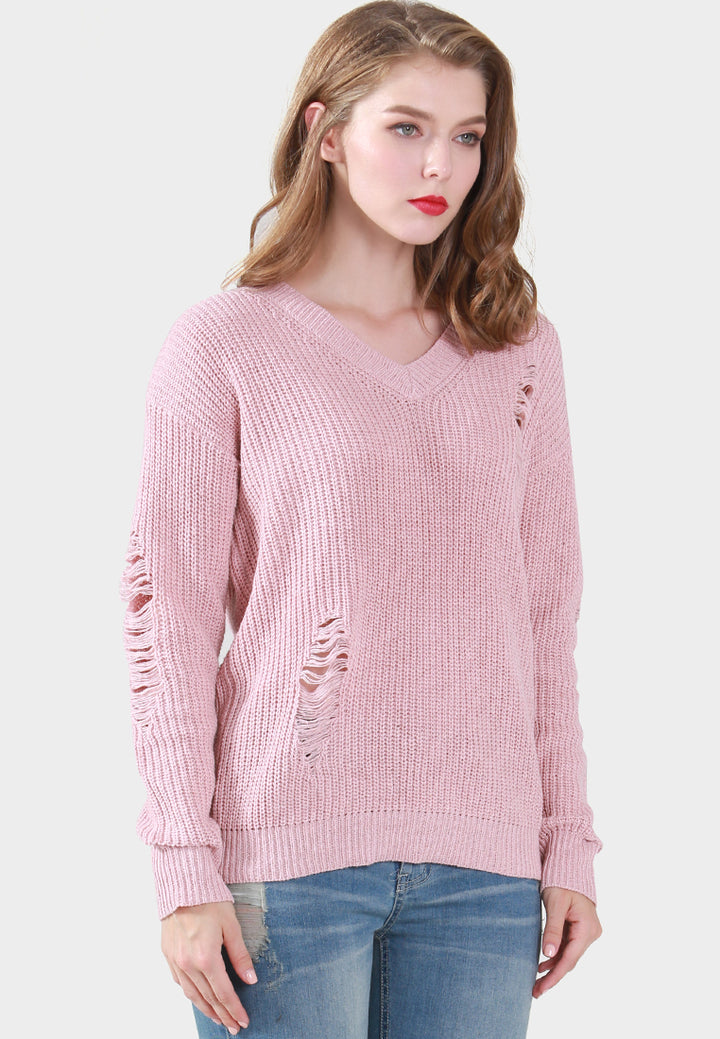 women full sleeve ribbed knit sweater#_color_pink
