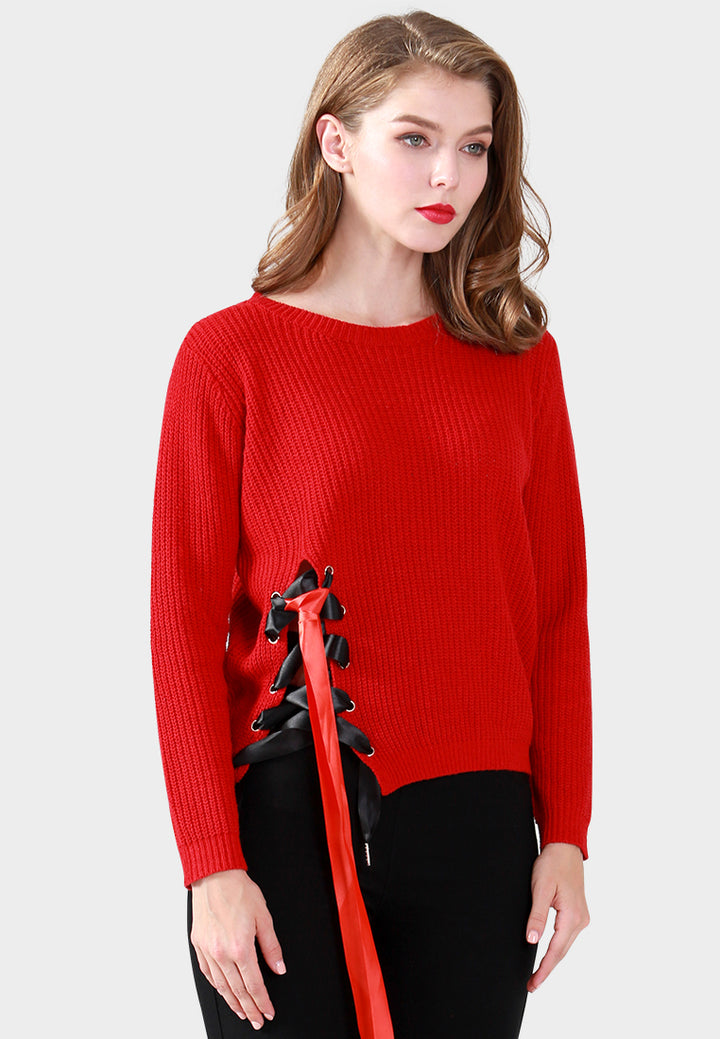 women long sleeve sweater draw string detail#color_red