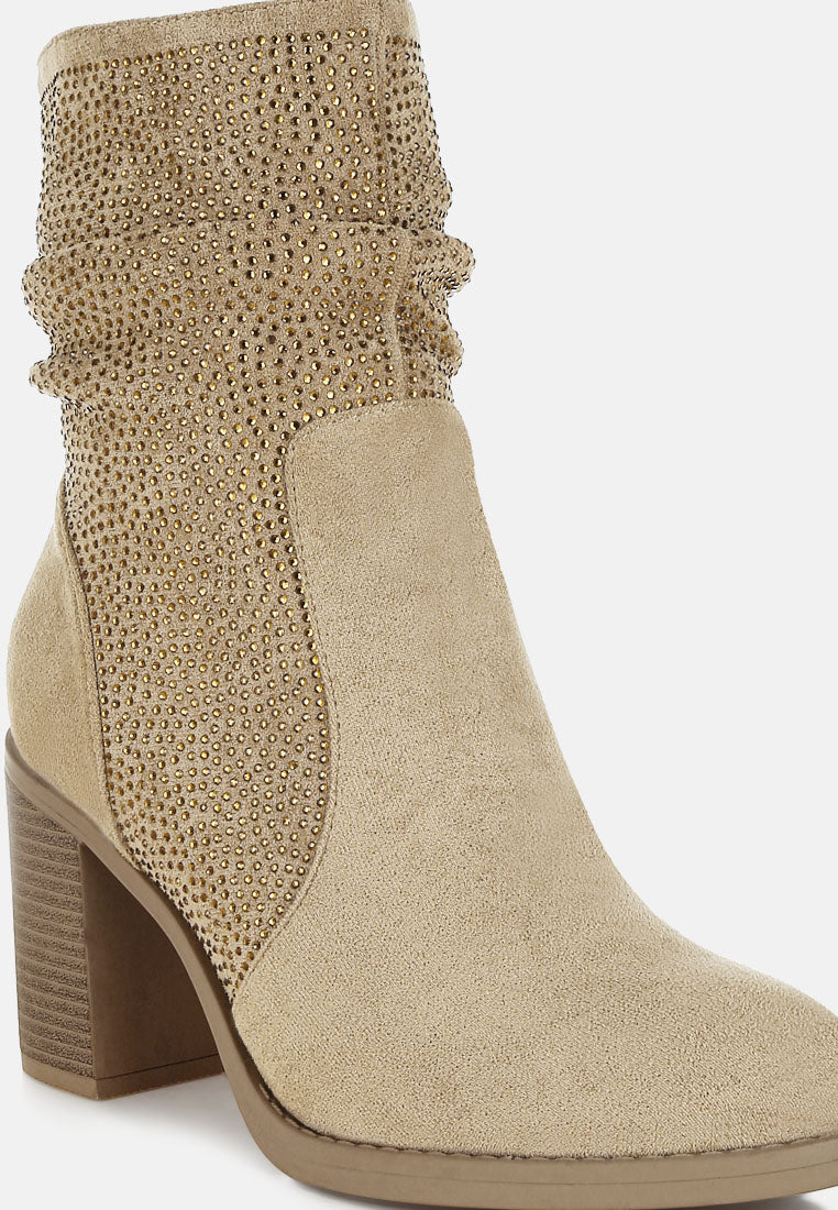 women rhinestone studded slouchy ankle boots#color_beige