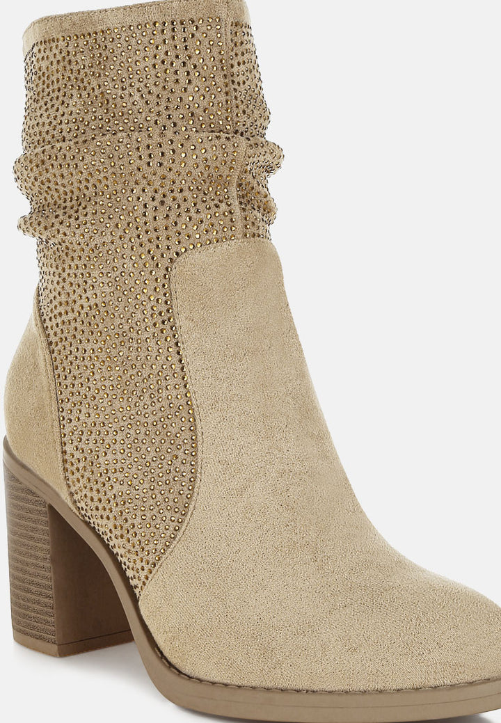 women rhinestone studded slouchy ankle boots#color_beige