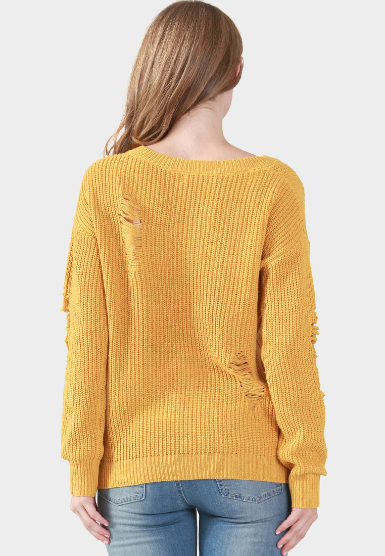women full sleeve ribbed knit sweater#_color_mustard