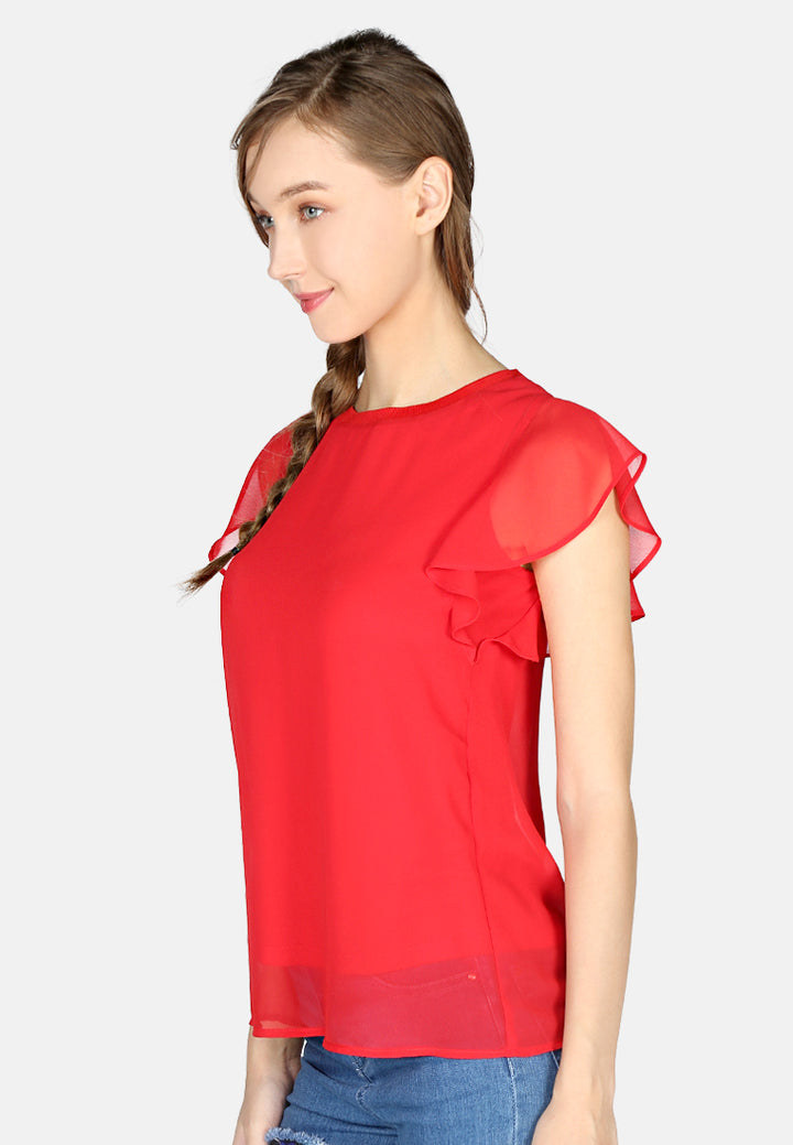 women short flutter sleeve casual top#color_red