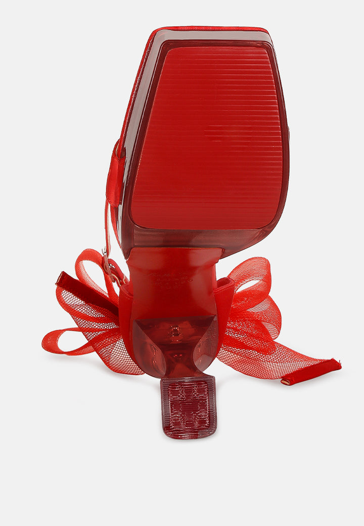 satin clear high heeled bow sandals#color_red