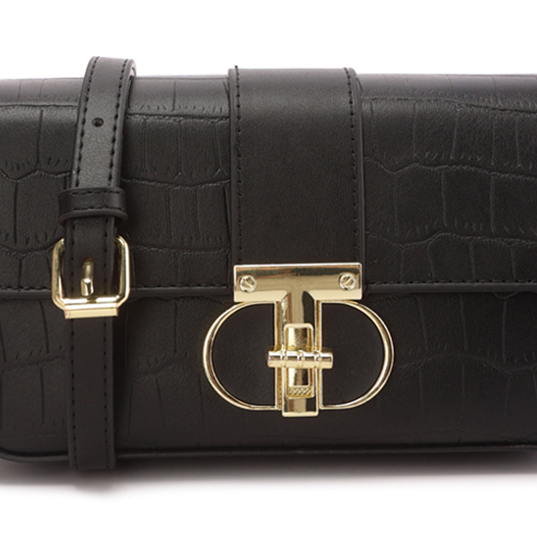 metallic buckle baguette handbag#color_black