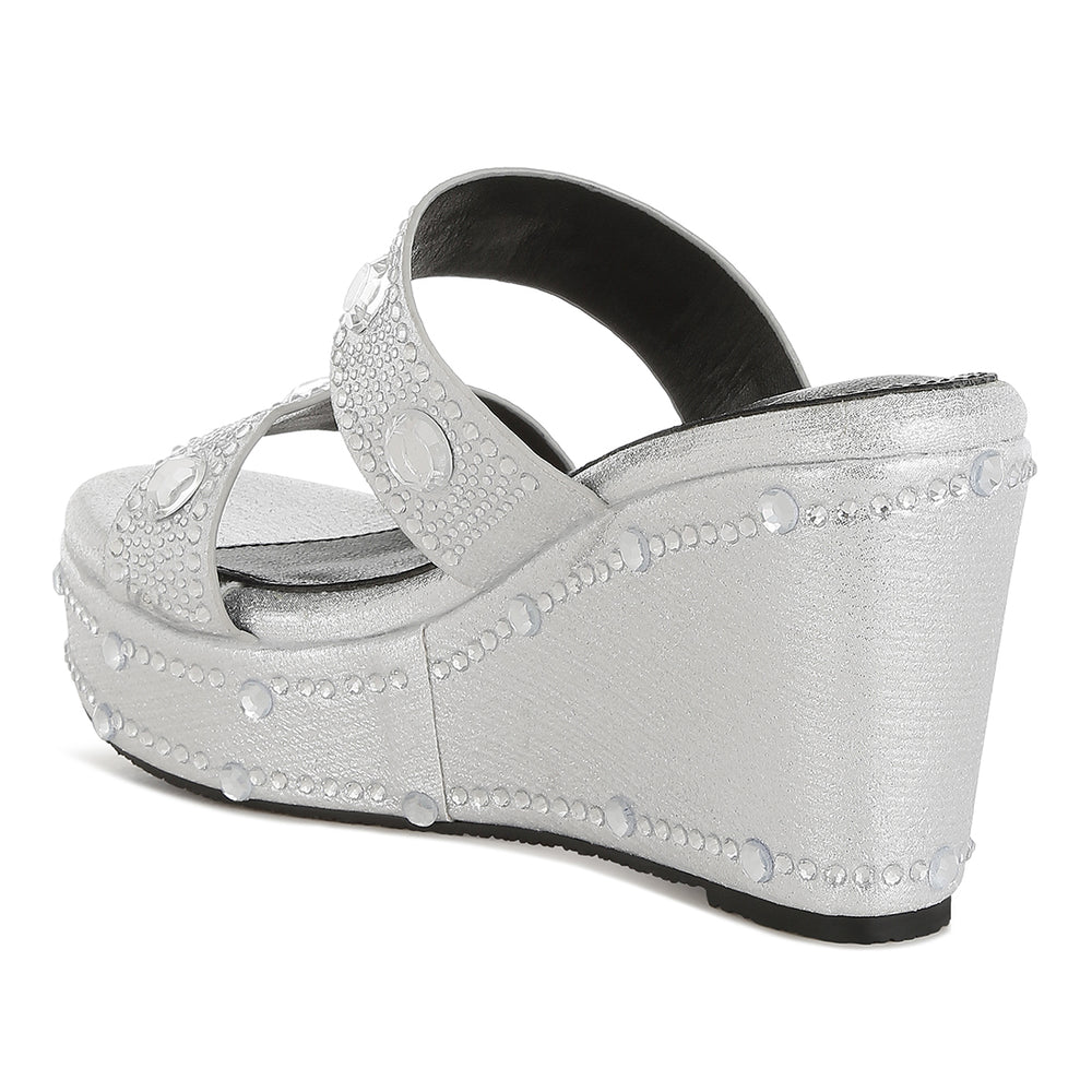 rhinestone & diamante wedge sandals#color_silver