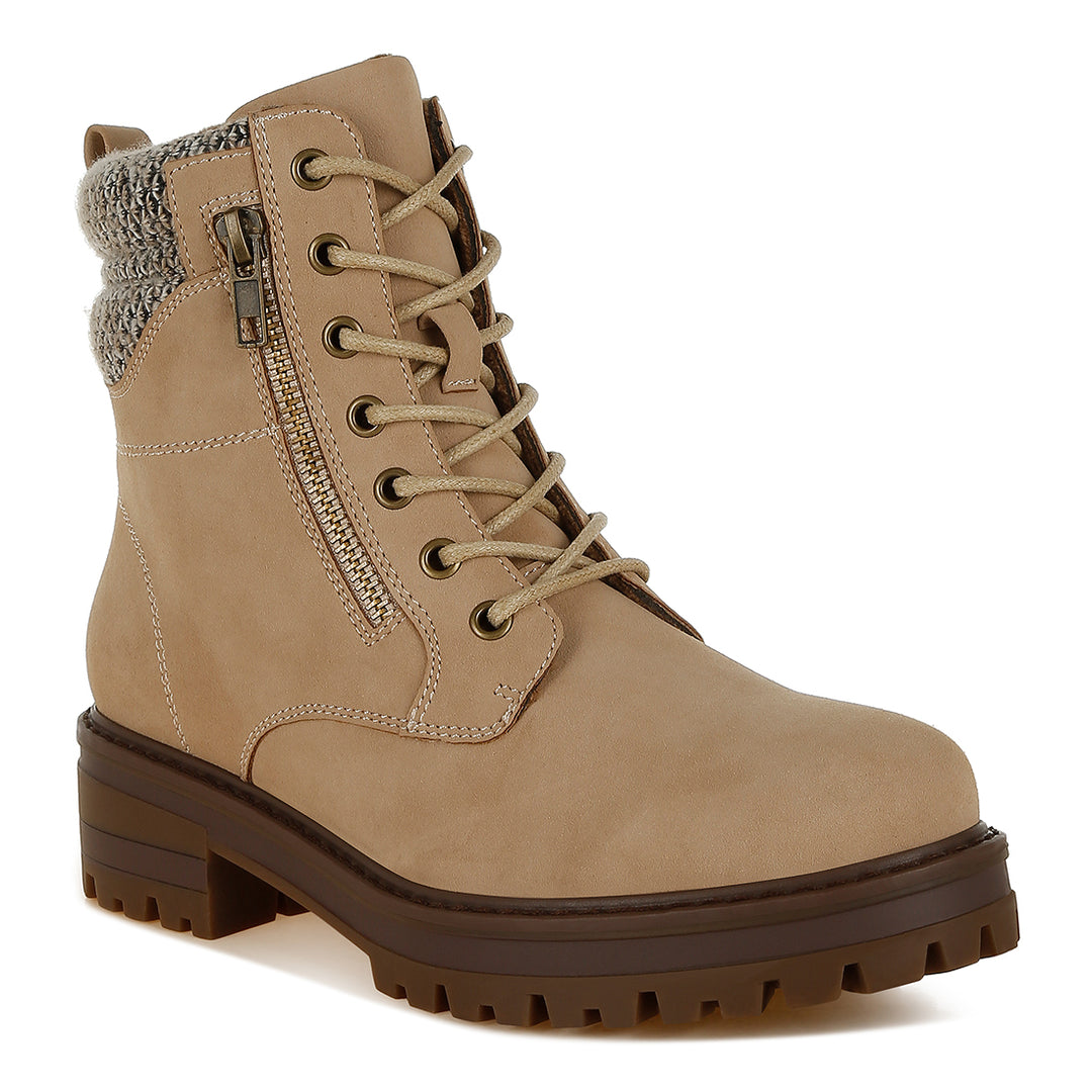 women knitted collar zip-up hiker boots#color_beige