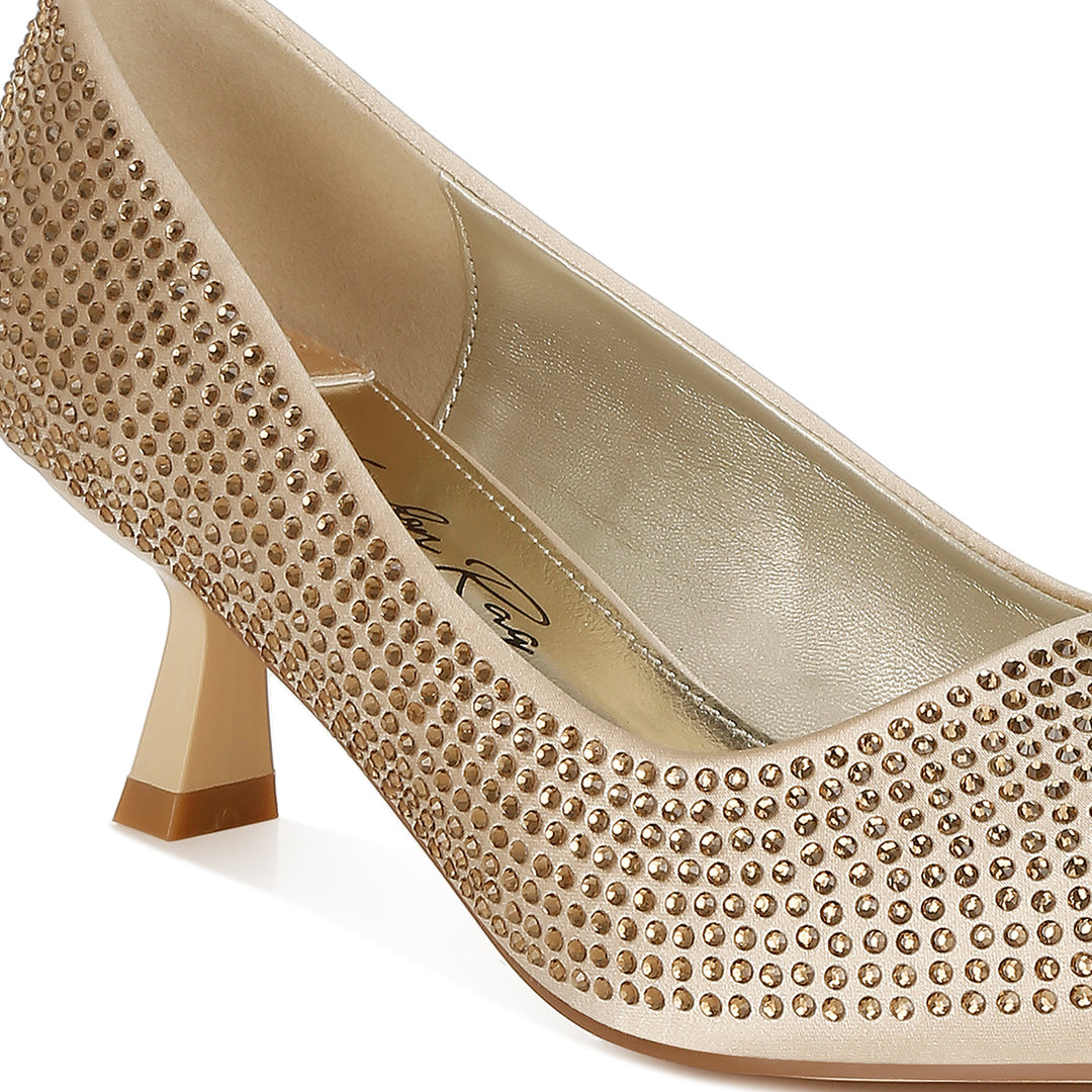 rhinestones embellished kitten heel pumps#color_gold