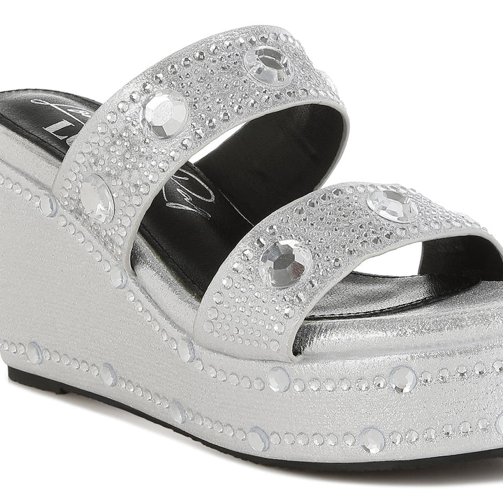 rhinestone & diamante wedge sandals#color_silver