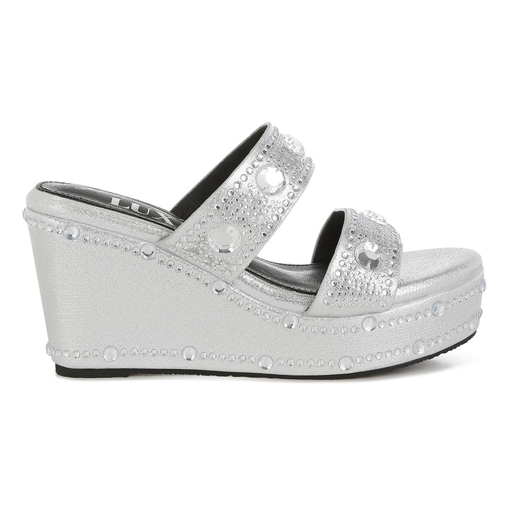 rhinestone & diamante wedge sandals#color_silver