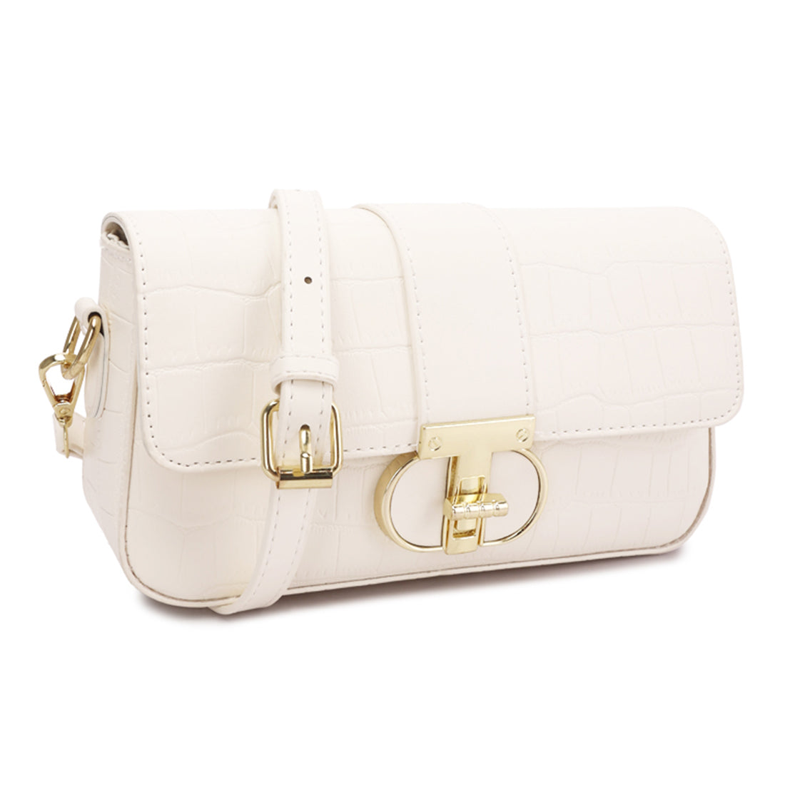 metallic buckle baguette handbag#color_white