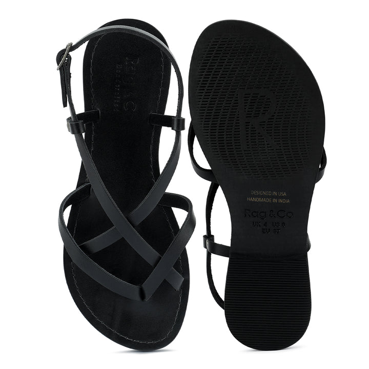 women rita strappy flat leather sandals#color_black