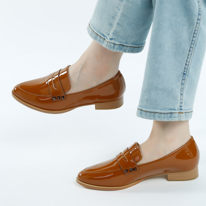 patent pleather penny loafers#color_tan