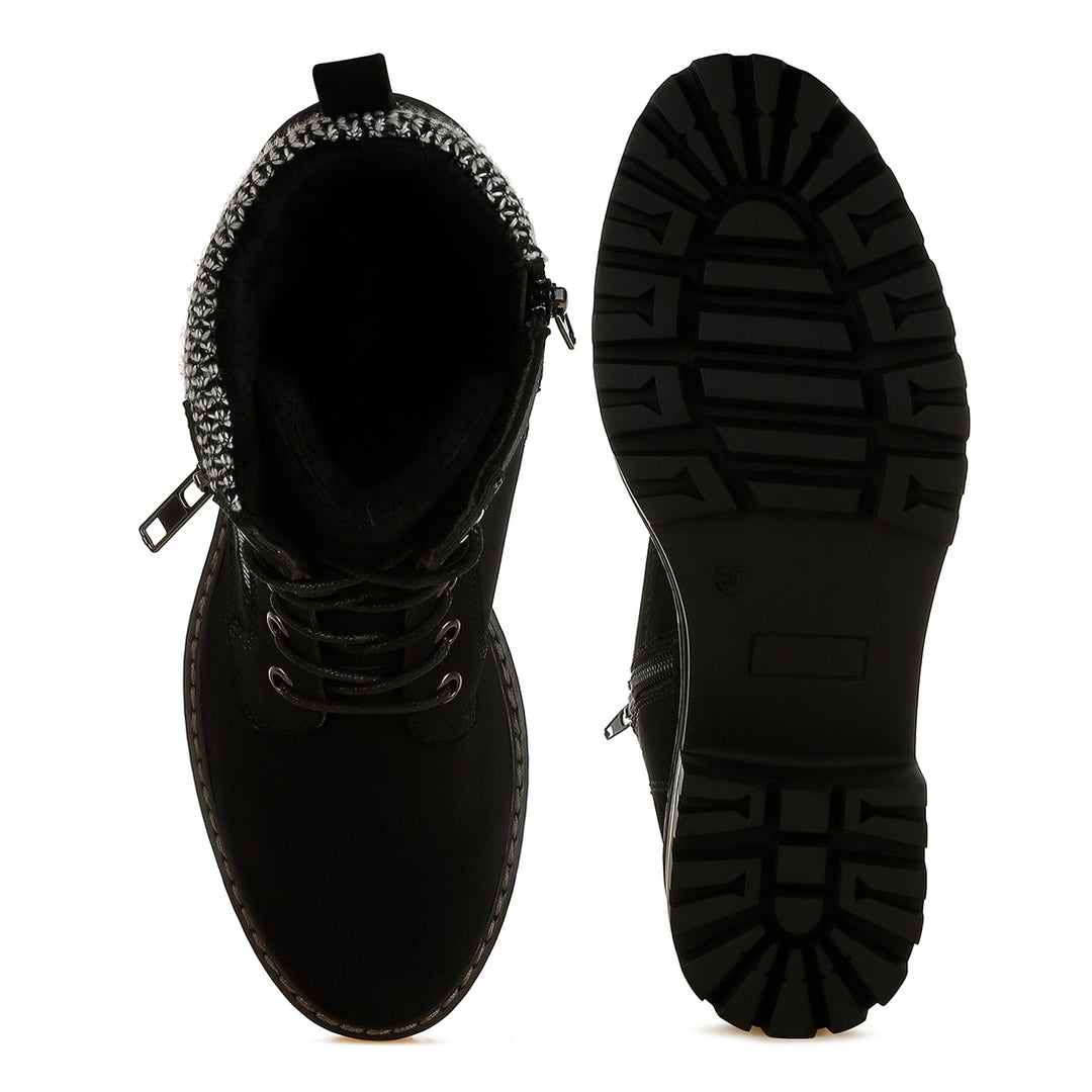 women knitted collar zip-up hiker boots#color_black