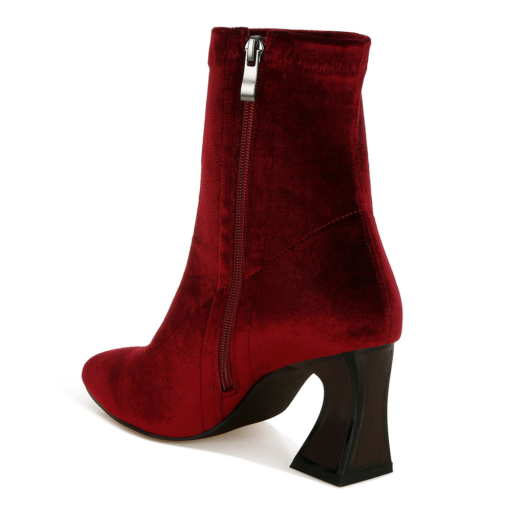 flared block heel velvet boots#color_burgundy