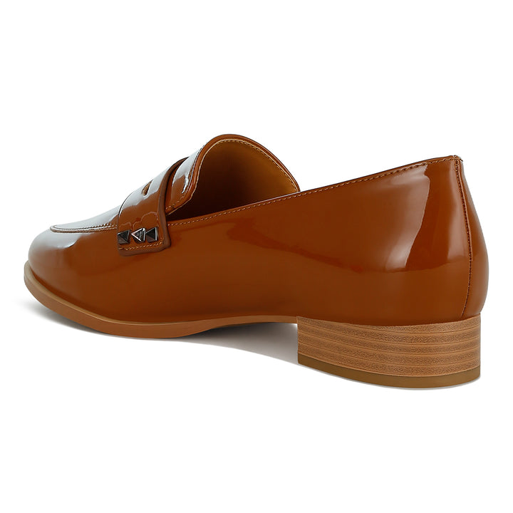 patent pleather penny loafers#color_tan