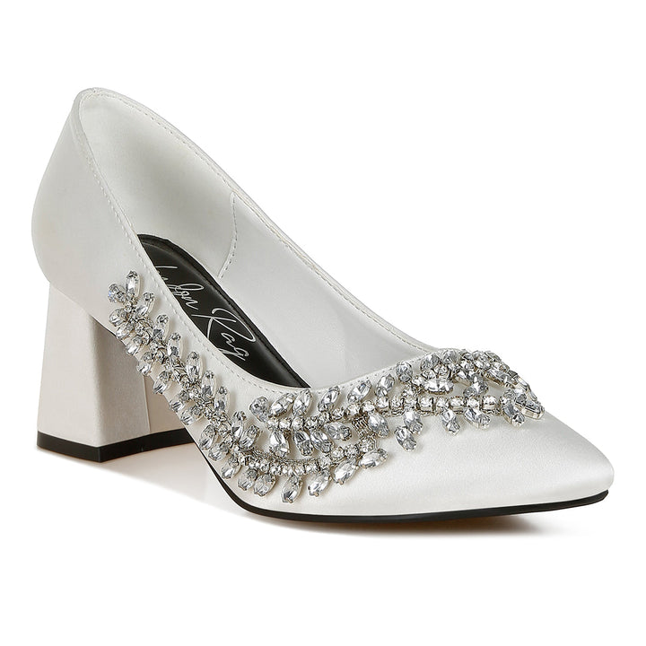 satin diamante embellished pumps#color_white
