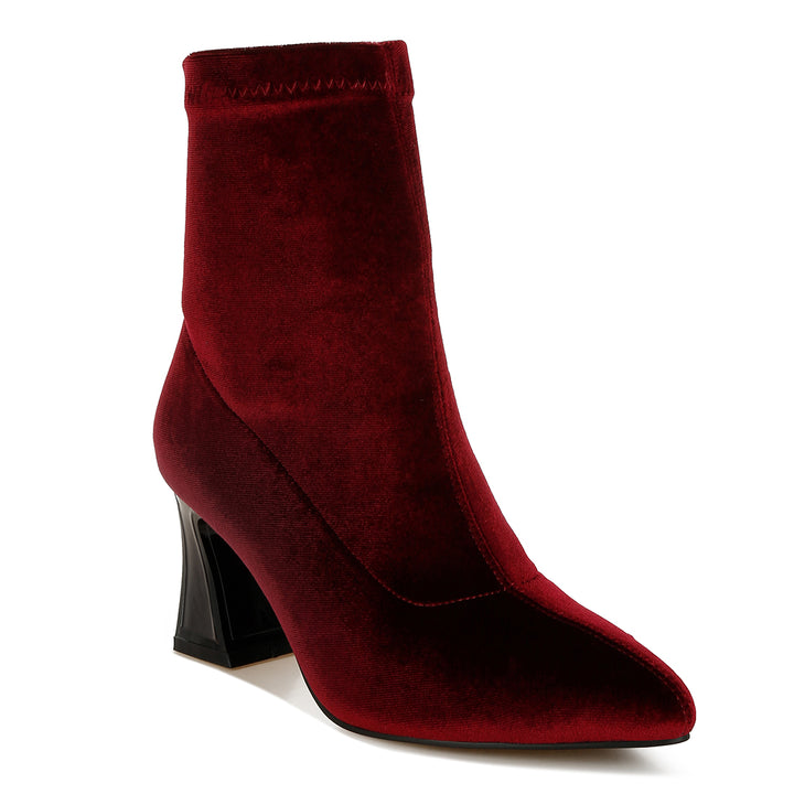 flared block heel velvet boots#color_burgundy