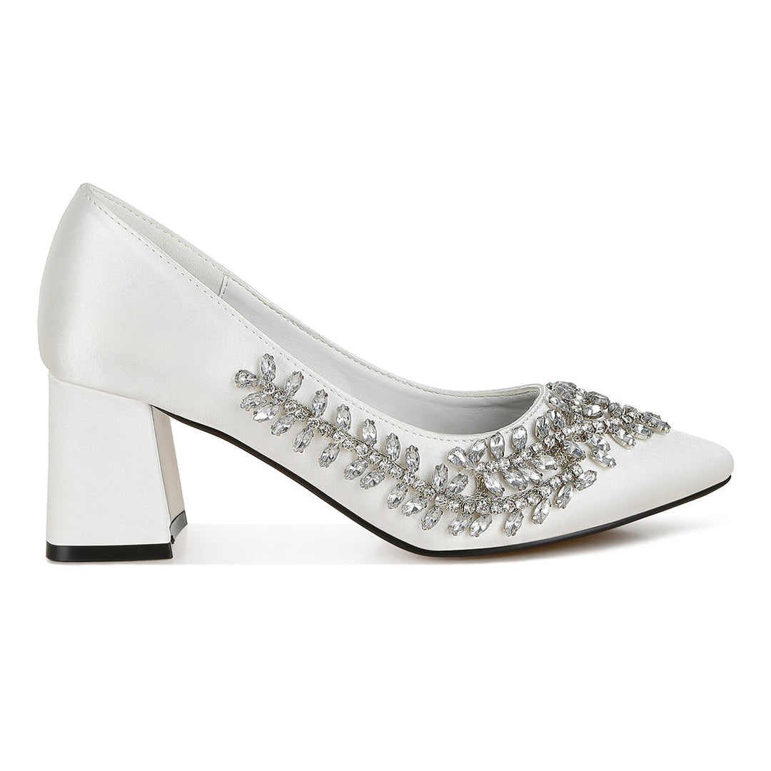 satin diamante embellished pumps#color_white