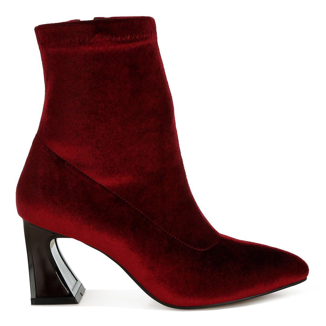 flared block heel velvet boots#color_burgundy