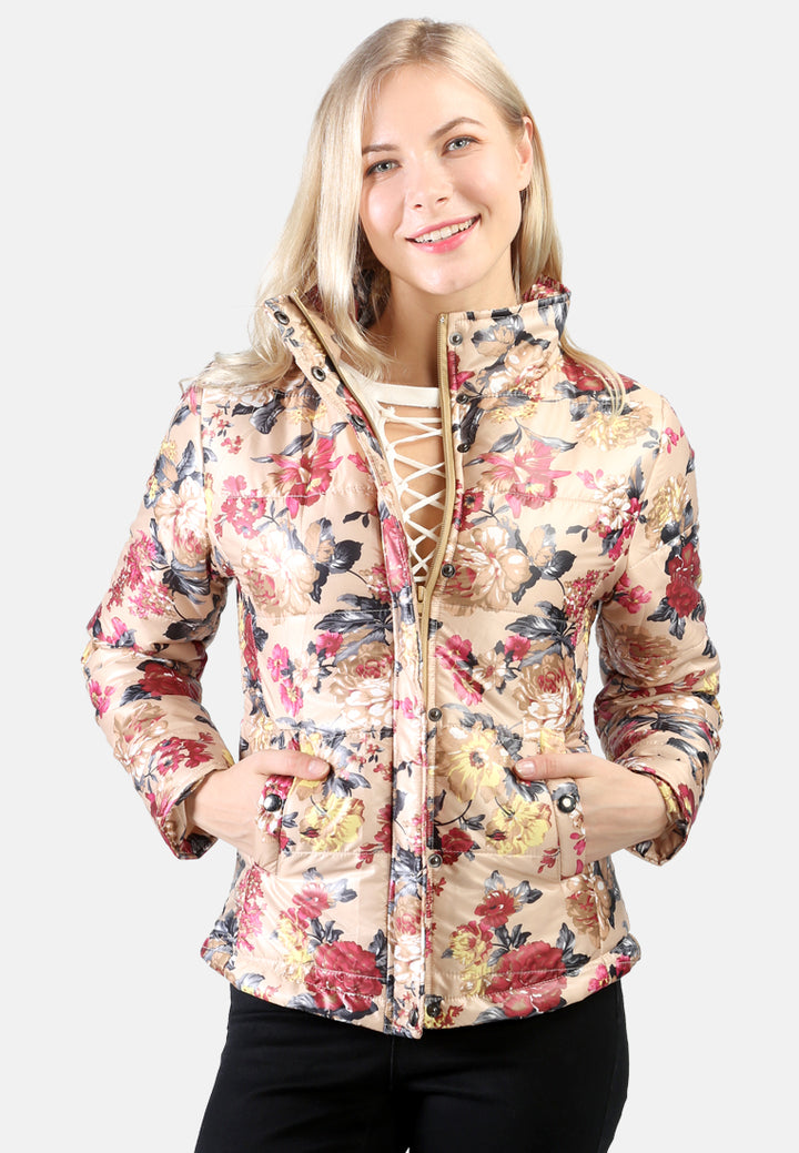women high neck puffer jacket#color_beige floral print
