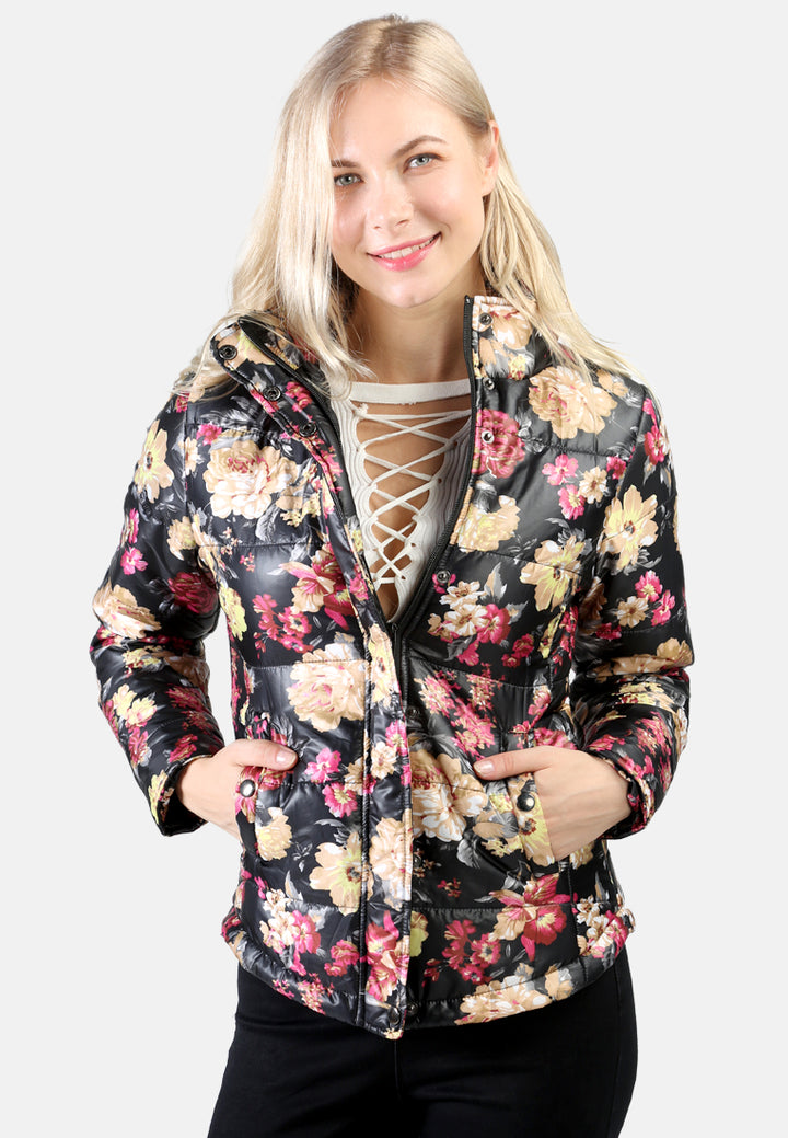 women high neck puffer jacket#color_black floral print