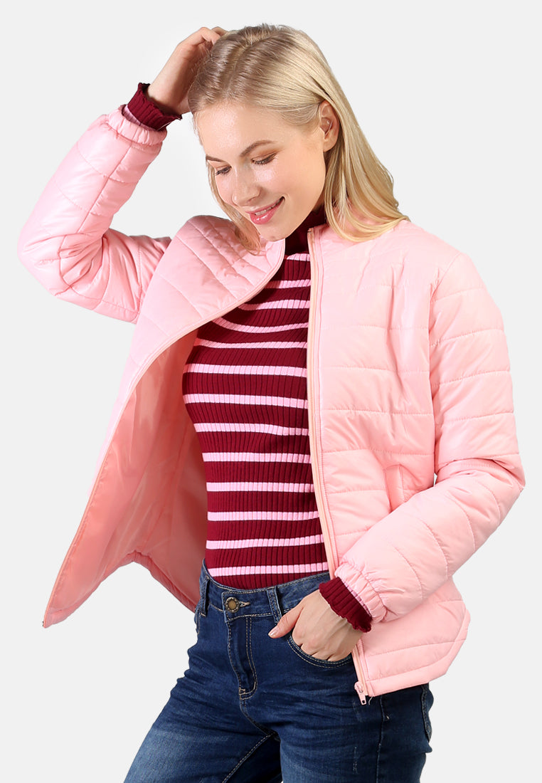women puffer jacket with zipper closure#color_pink
