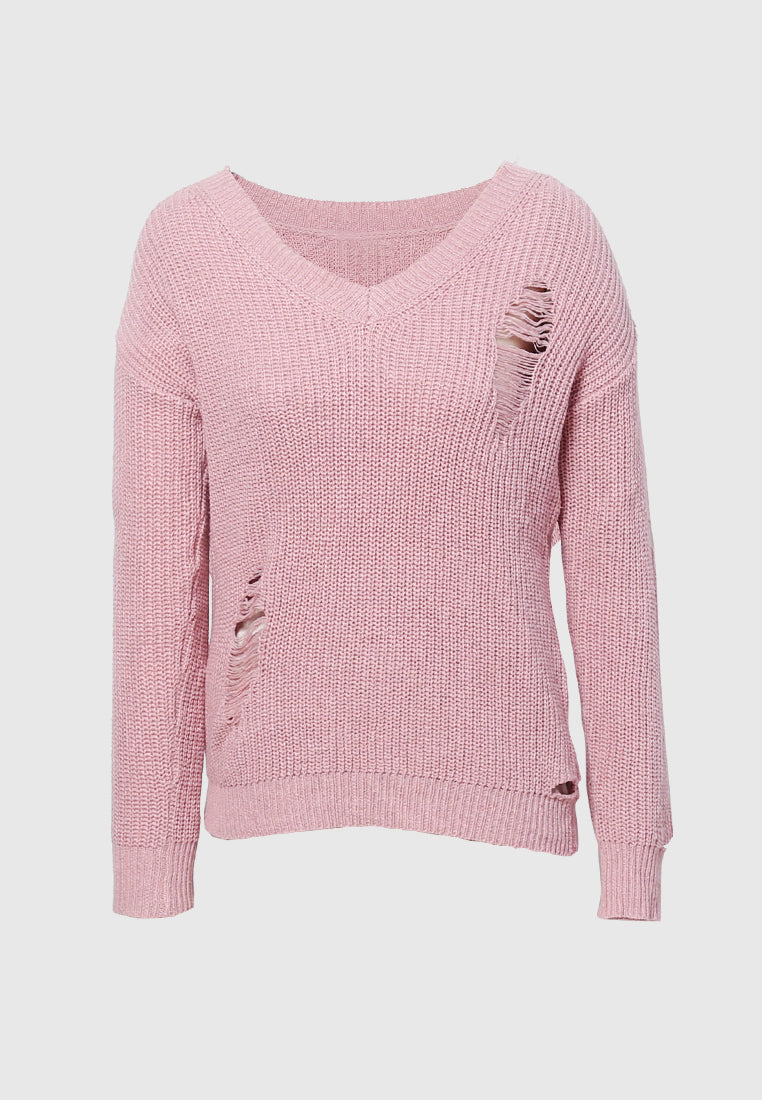 women full sleeve ribbed knit sweater#_color_pink