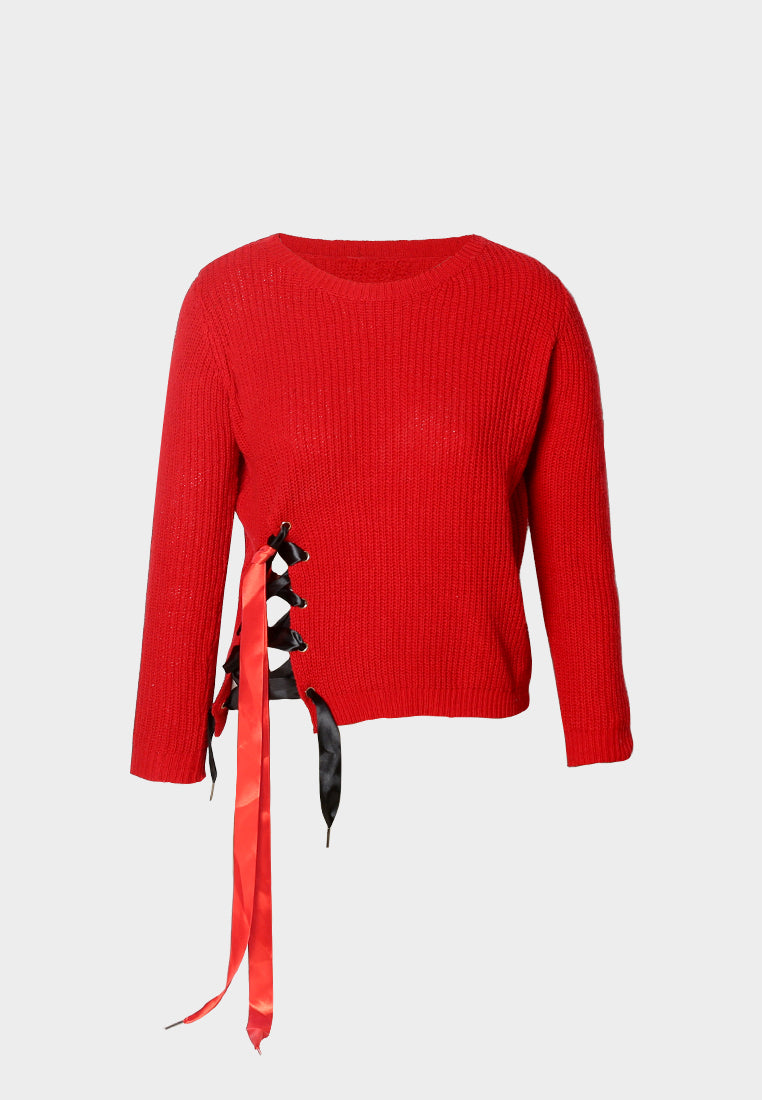 women long sleeve sweater draw string detail#color_red