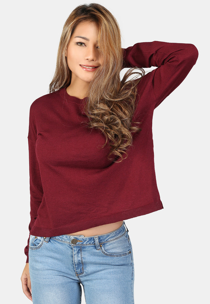 women crew neck knit sweater#color_burgundy
