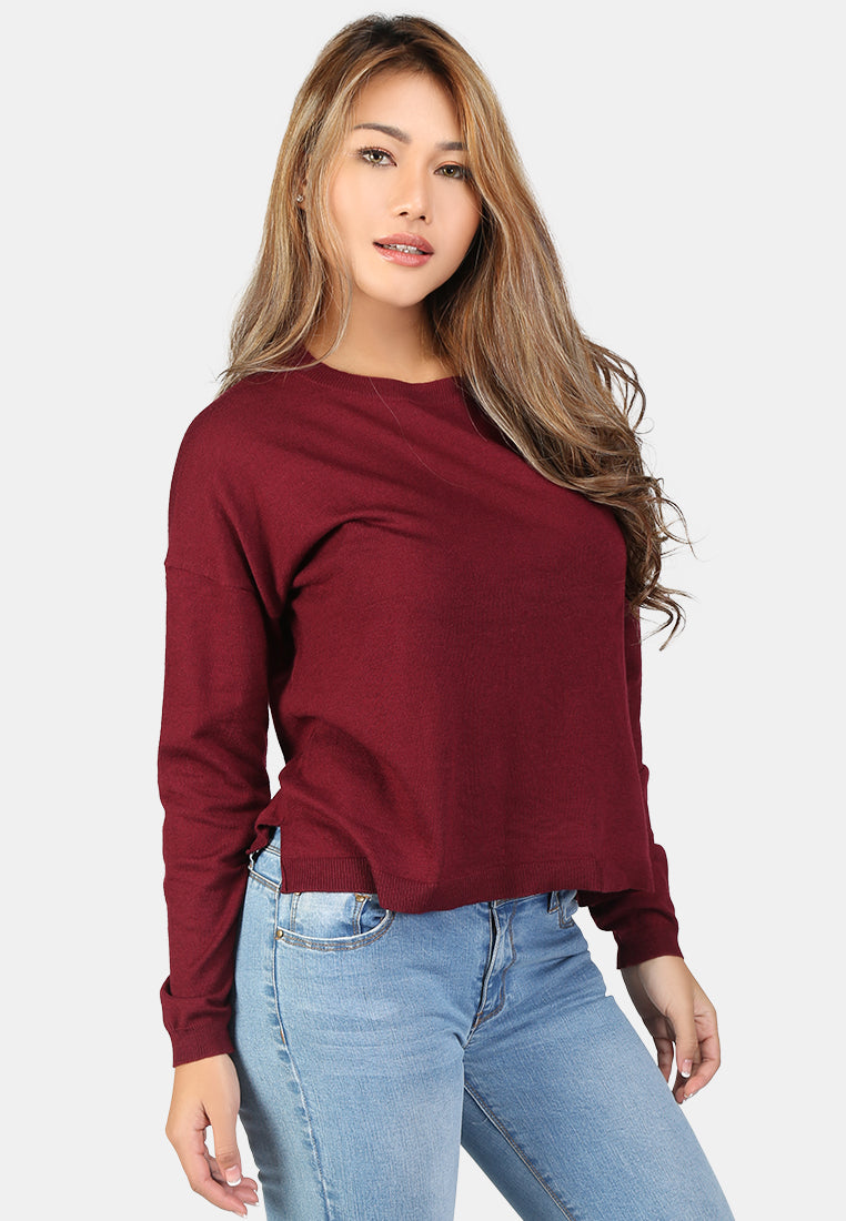 women crew neck knit sweater#color_burgundy