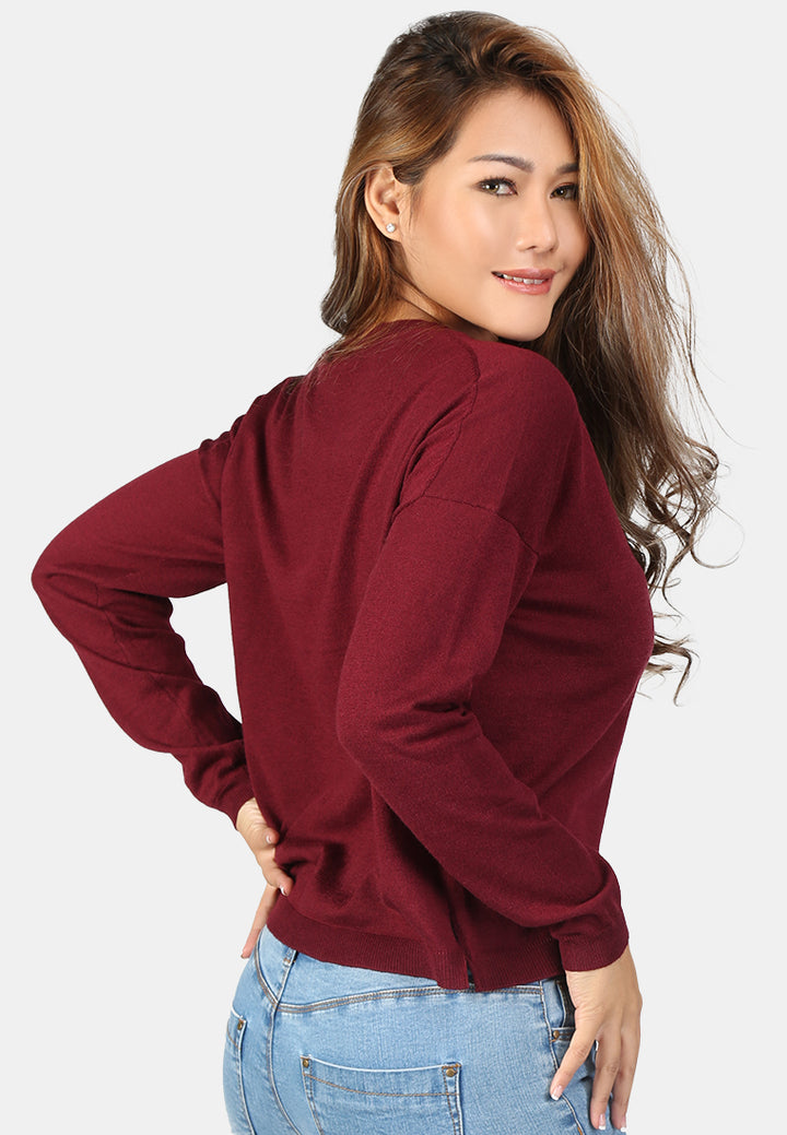 women crew neck knit sweater#color_burgundy