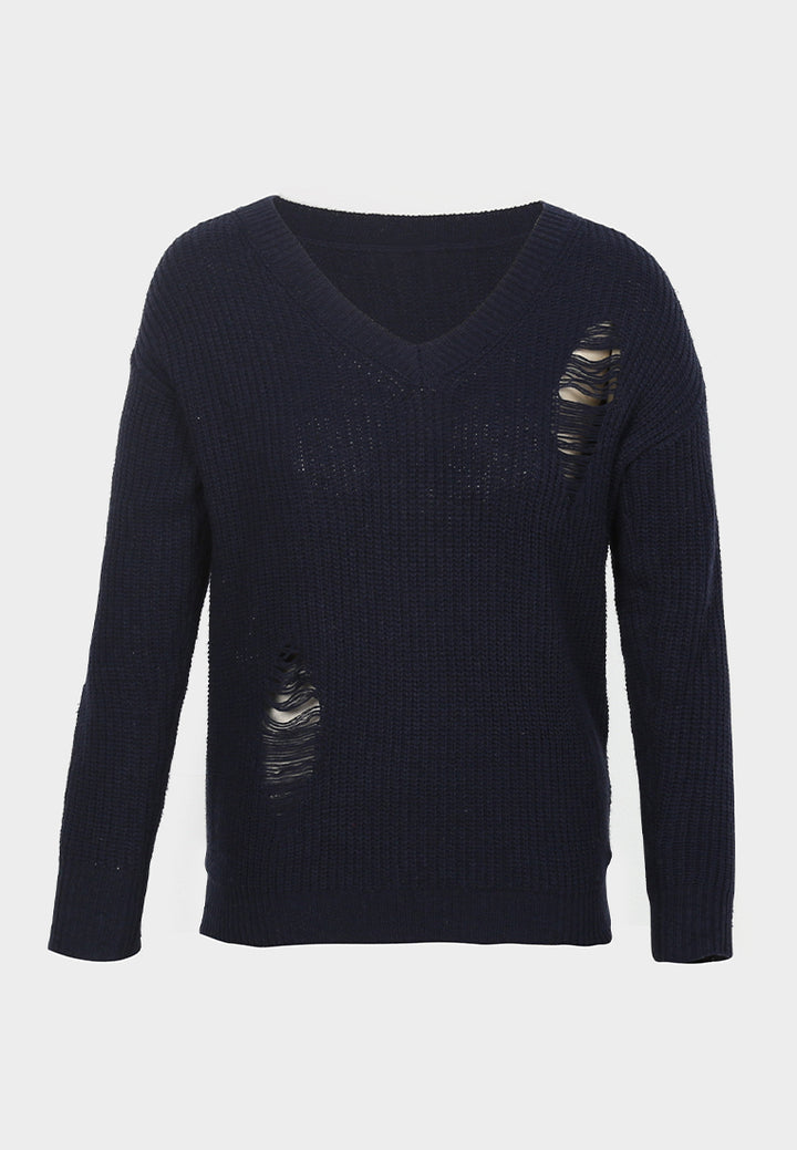 women full sleeve ribbed knit sweater#_color_navy